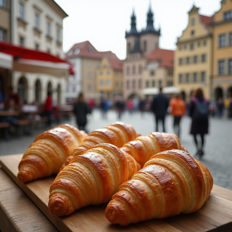 Tradycyjne rogale świętomarcińskie na tle Starego Rynku w Poznaniu