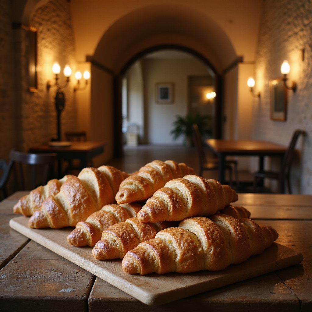 Tradycyjne rogale świętomarcińskie na drewnianym stole w zabytkowej piwnicy