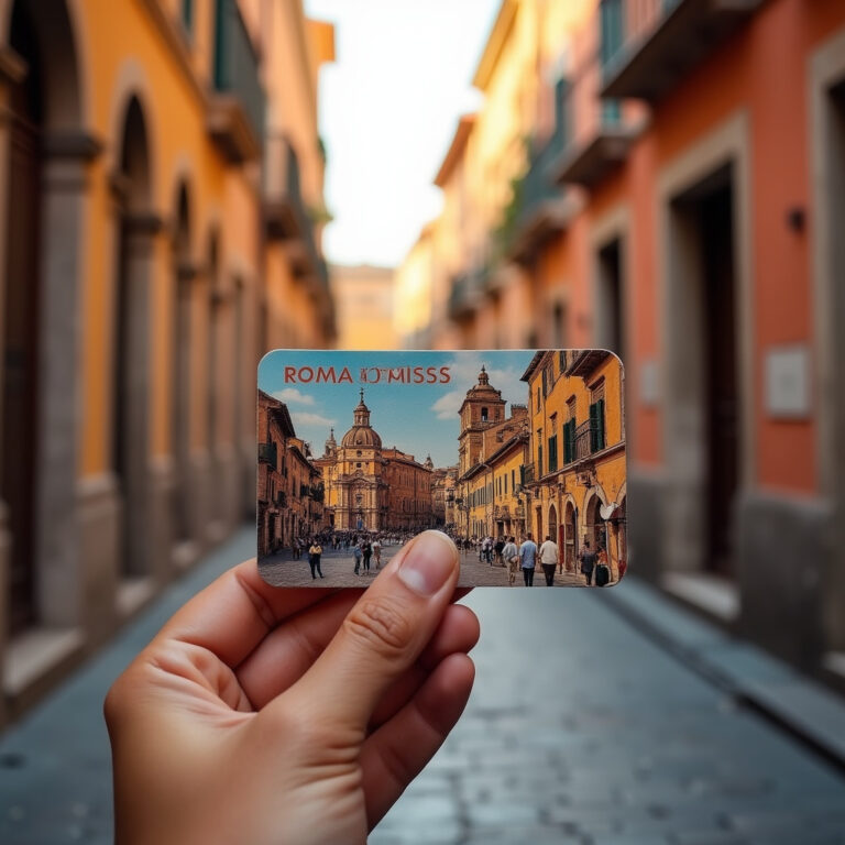 Roma Pass w dłoni na tle ulicy w Rzymie, karnet turystyczny Rzym