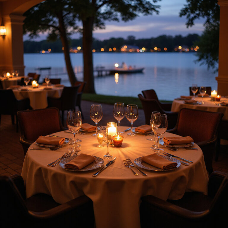 Romantyczna kolacja w Orlando przy świecach, elegancka restauracja z widokiem na jezioro