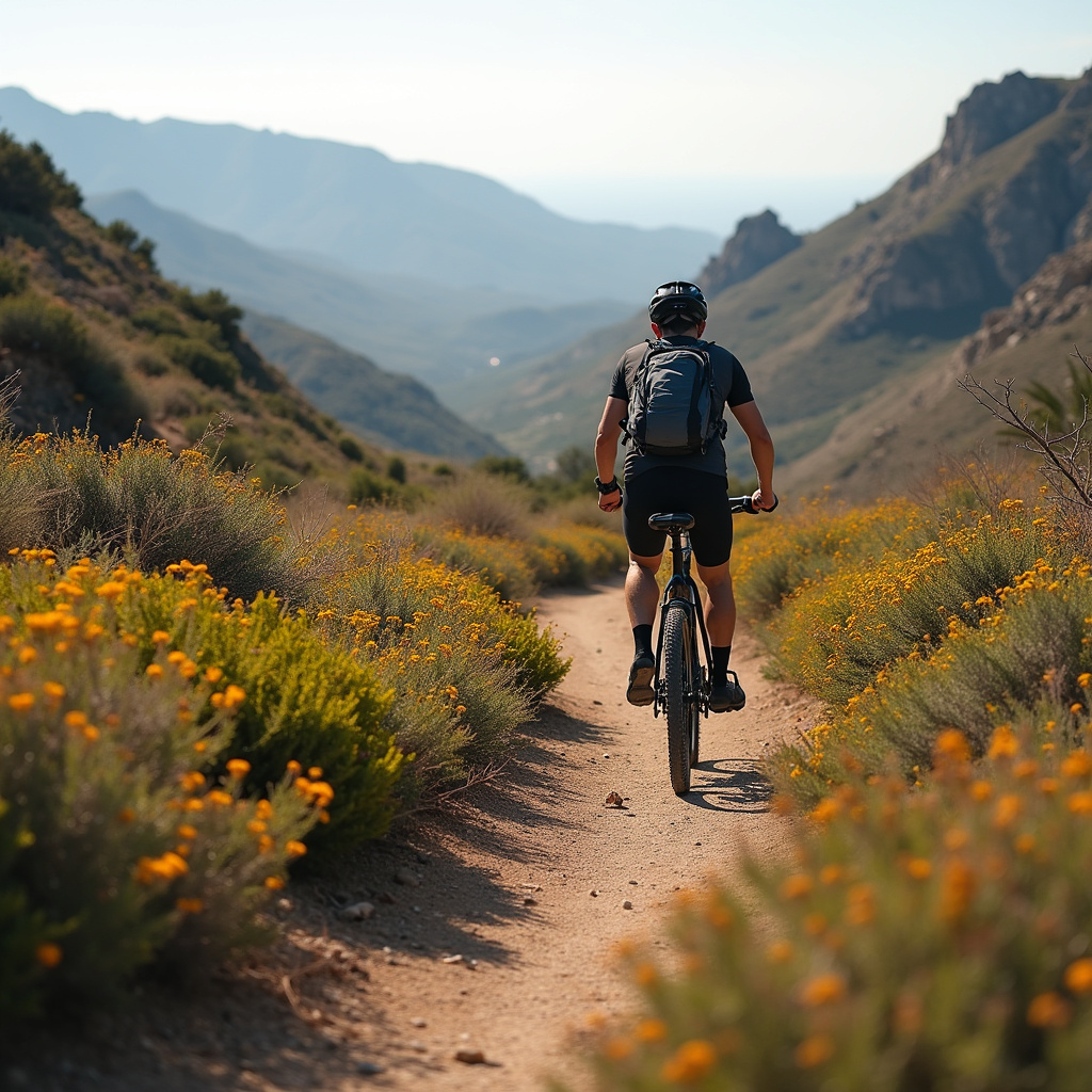 Rowerzysta na szlaku wśród dzikich ziół i górskich krajobrazów Półwyspu Akamas