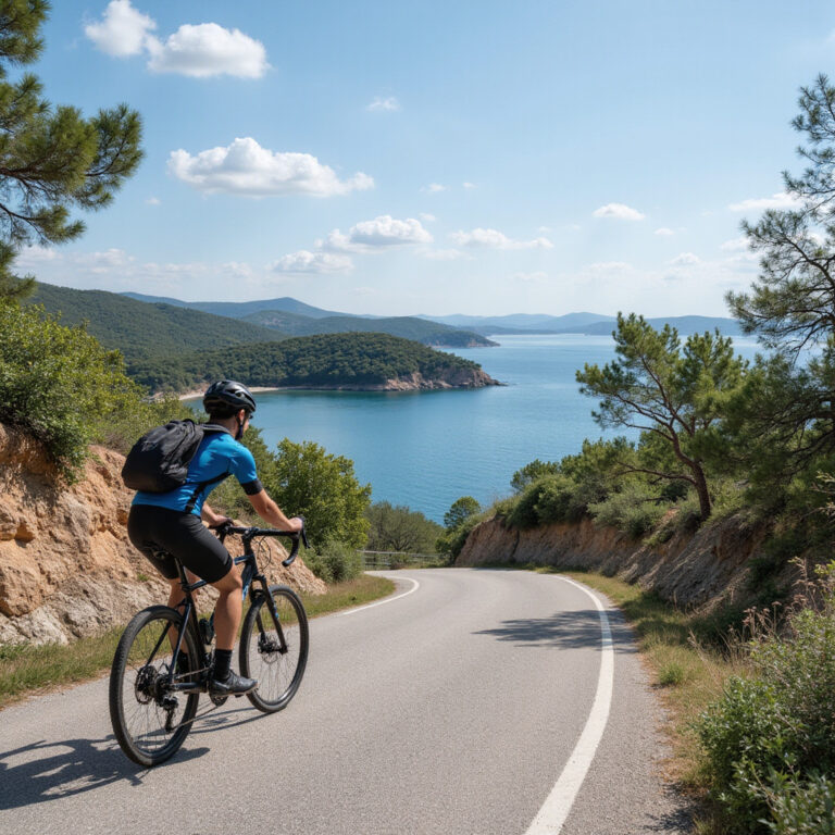 Rowerzysta na malowniczej trasie wokół Rovinj z widokiem na Adriatyk