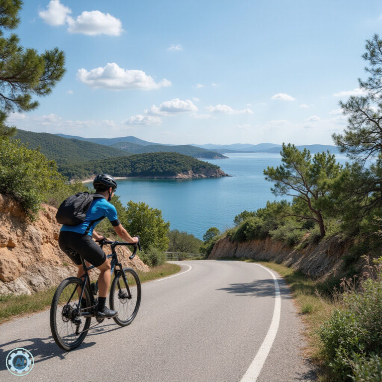 Rowerzysta na malowniczej trasie wokół Rovinj z widokiem na Adriatyk