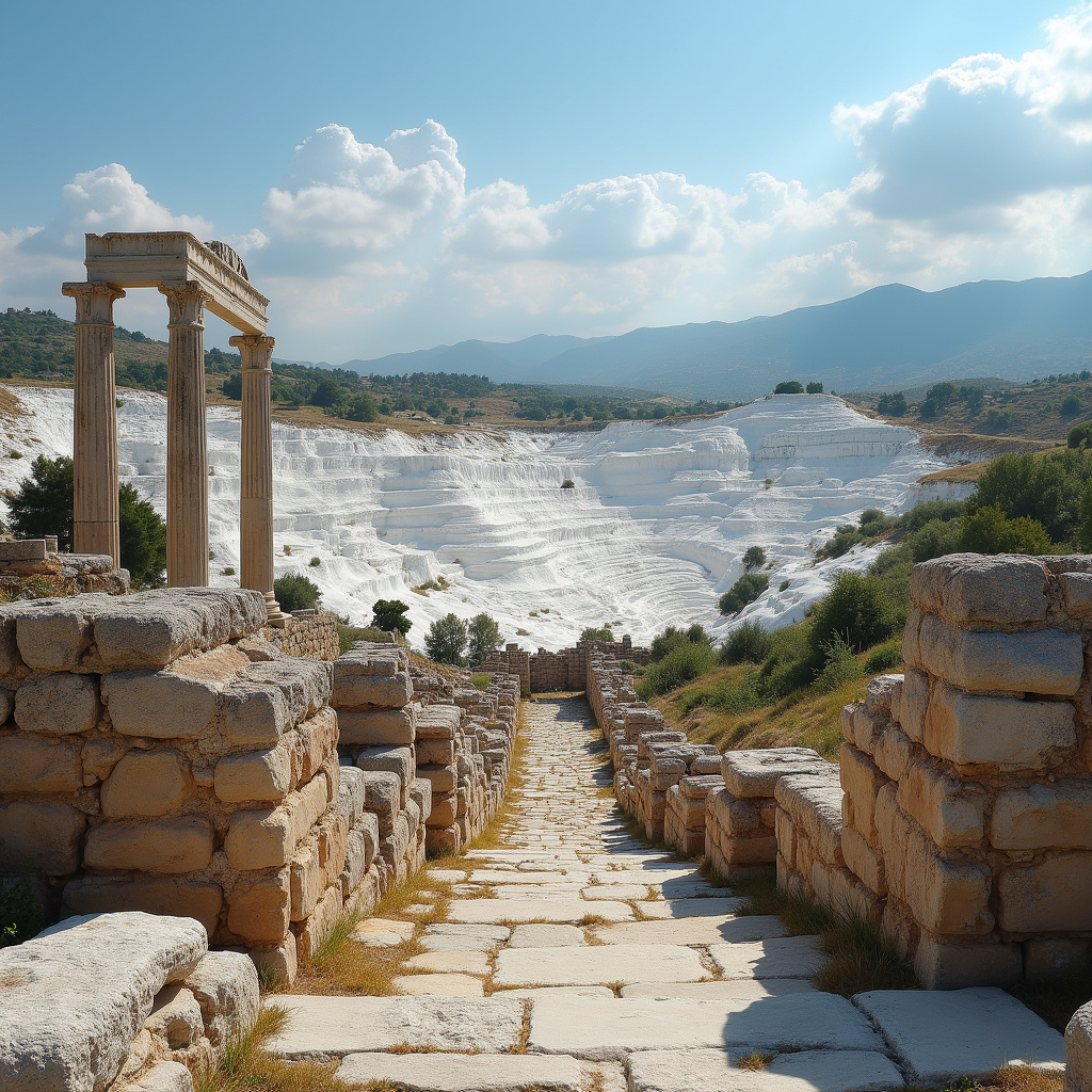 Starożytne ruiny Hierapolis z widokiem na białe tarasy Pamukkale, historyczne miejsce