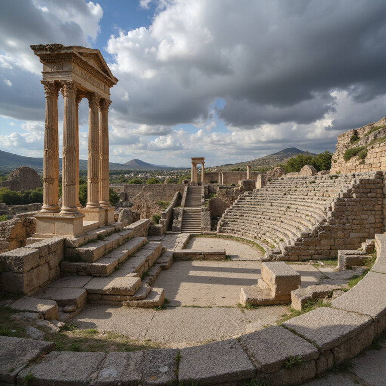 Ruiny starożytnego miasta Laodycea z widokiem na teatr rzymski i zabytki archeologiczne