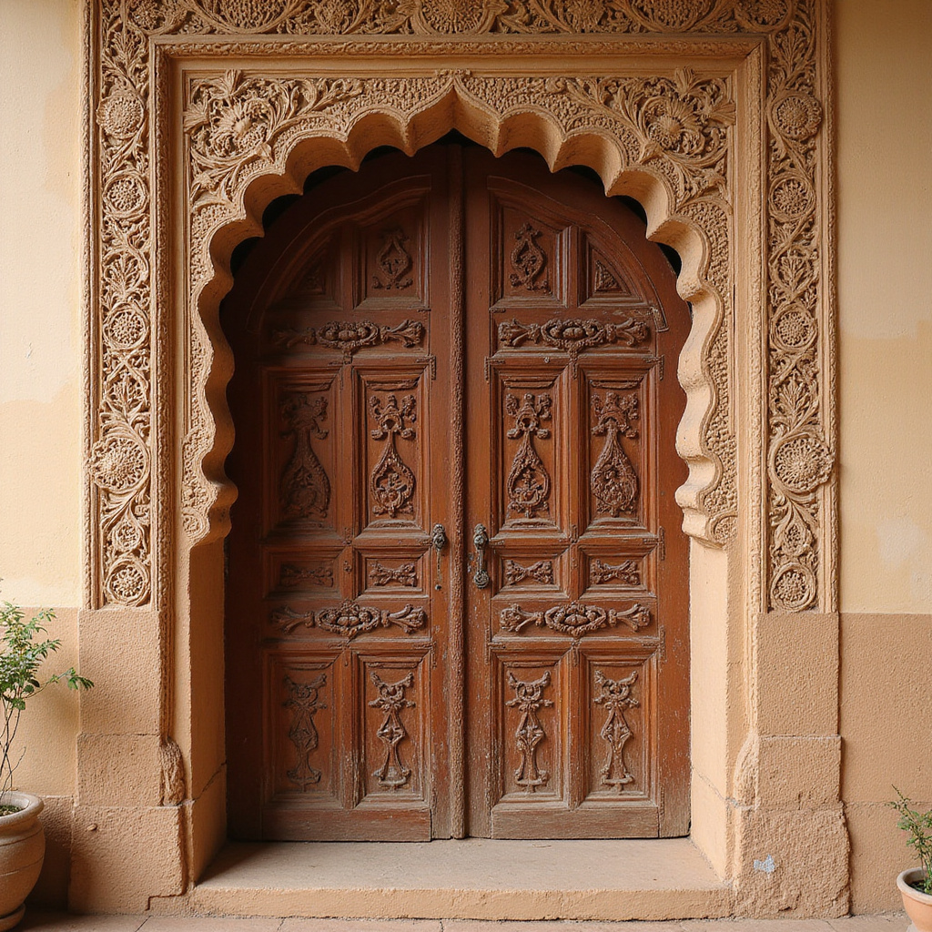 Rzeźbione drzwi w Mombasie z detalami arabskimi i afrykańskimi