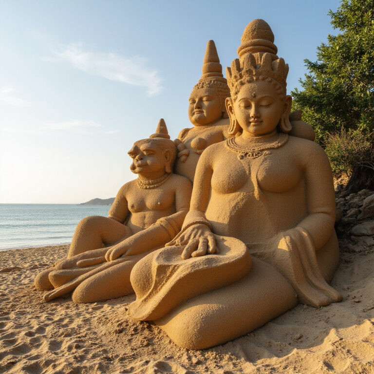 Rzeźby z piasku na Wyspie Pasta - monumentalne dzieła sztuki na plaży