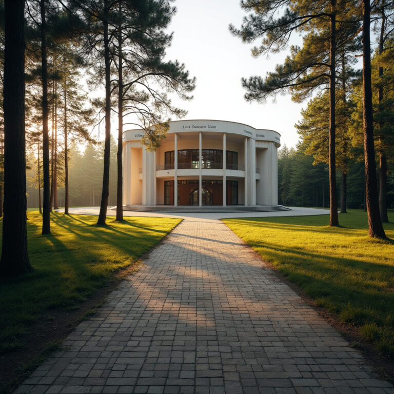 Sala Koncertowa Dzintari w Jurmali otoczona sosnami, architektura i natura