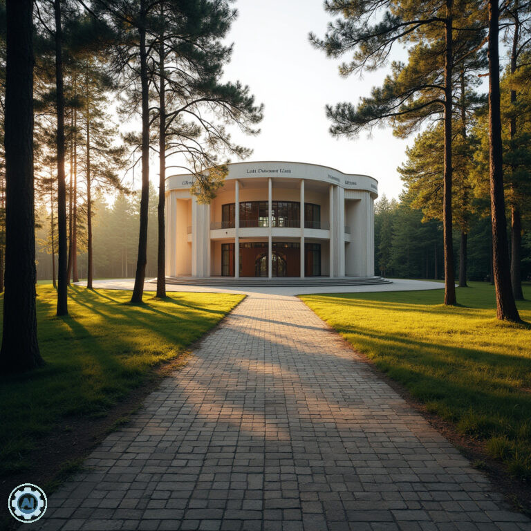 Sala Koncertowa Dzintari w Jurmali otoczona sosnami, architektura i natura