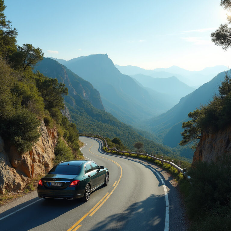 Samochód na drodze w górach Troodos z widokiem na malownicze krajobrazy