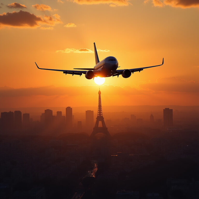 Tanie loty do Paryża - samolot na tle zachodzącego słońca