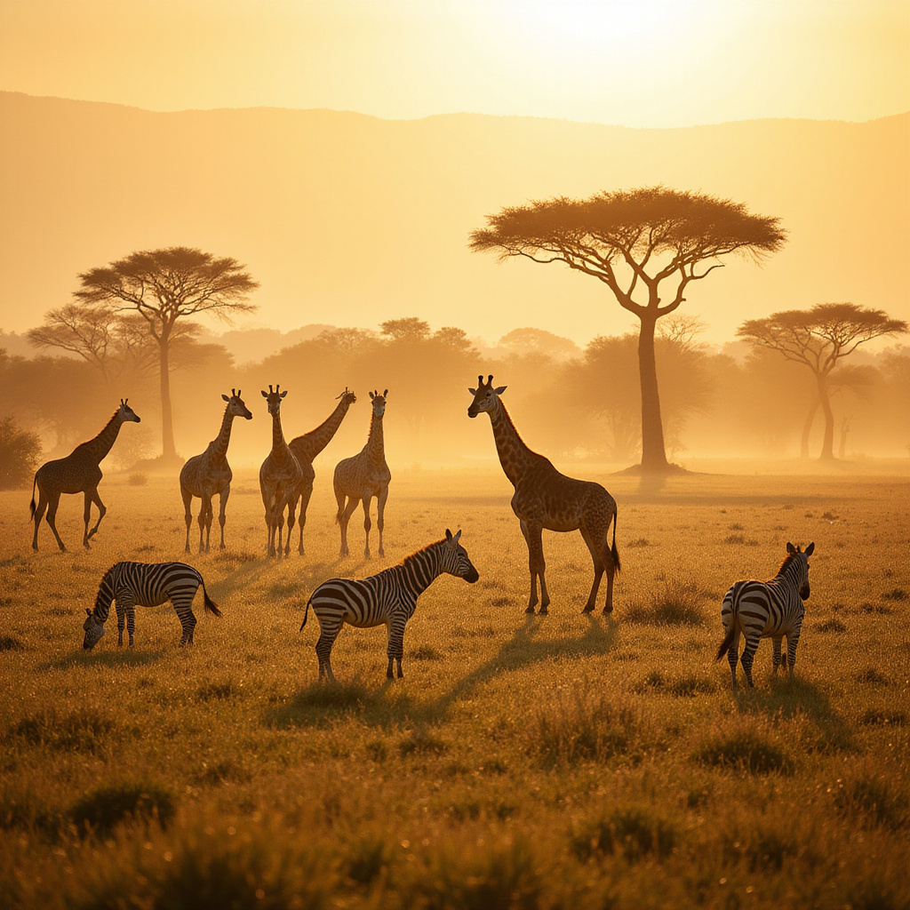 Sawanna w okolicach Nakuru z pasącymi się żyrafami i zebrami