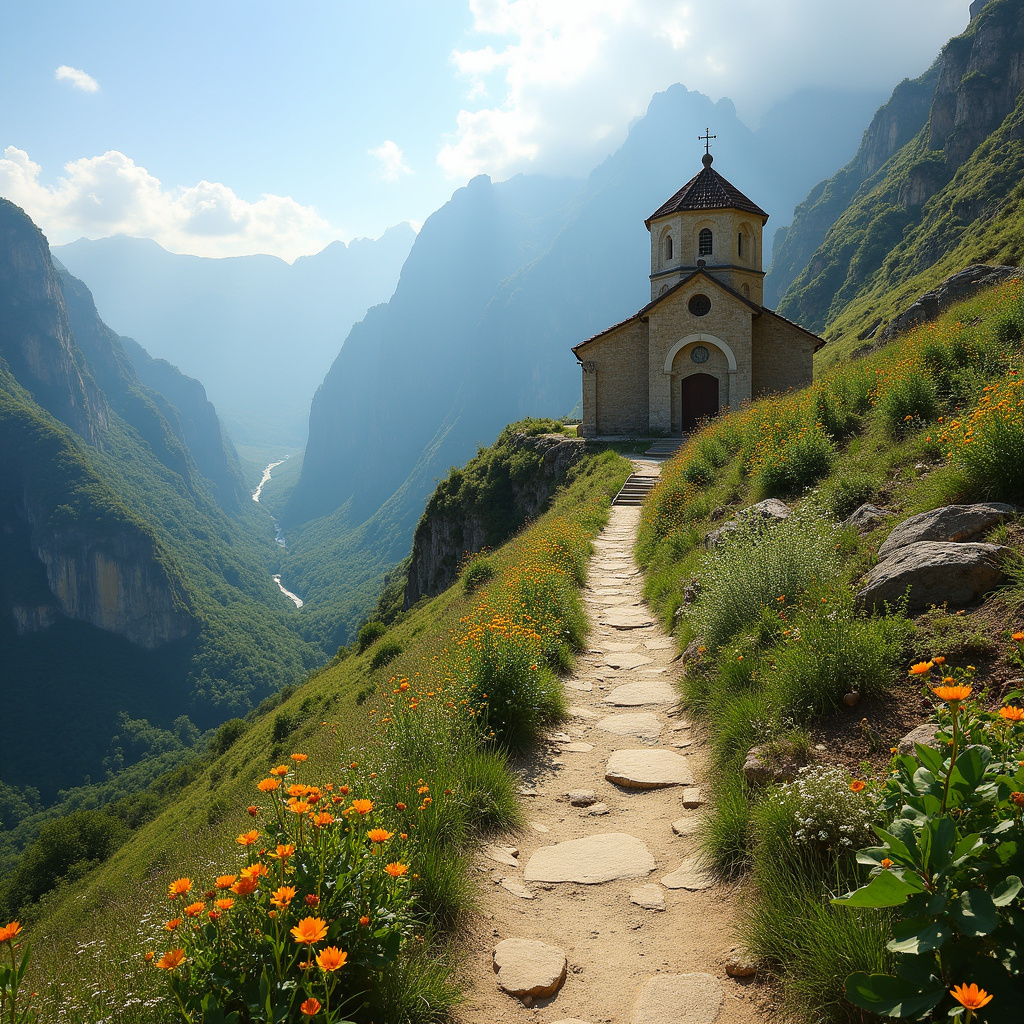 Wąska ścieżka prowadząca do Kościoła Proroka Eliasza, górski krajobraz, turystyka