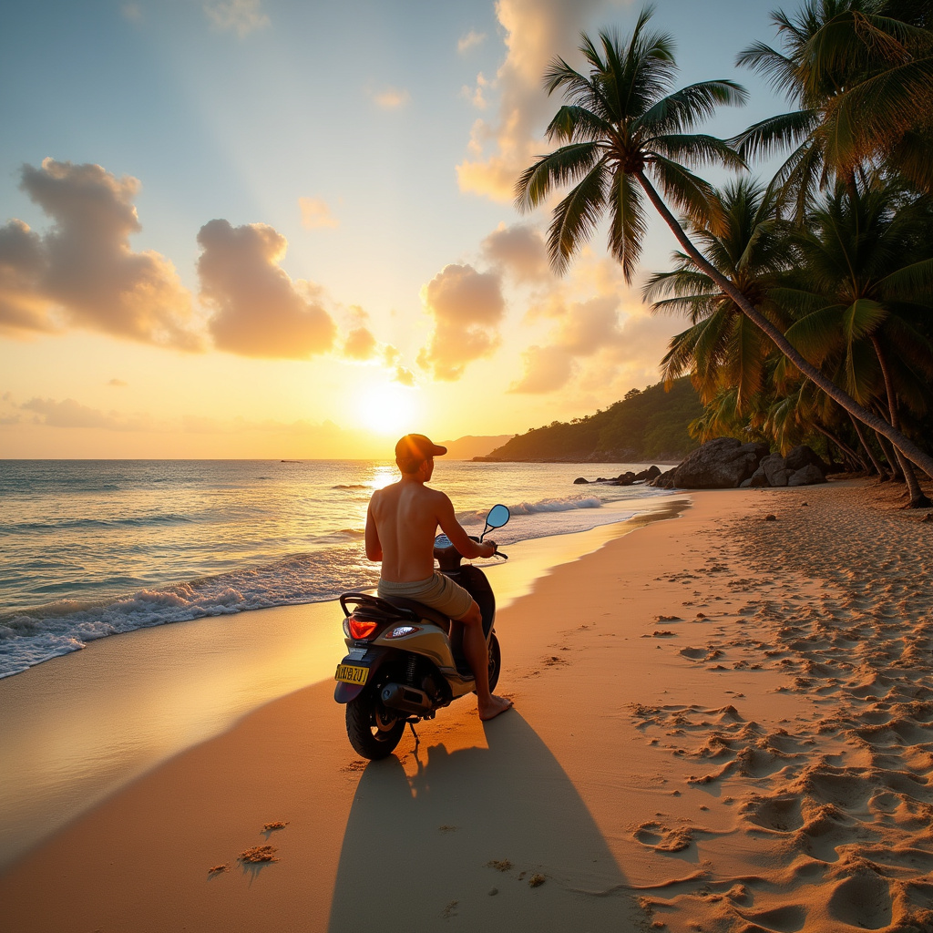 skuter na tle plaży w Koh Lanta, bezpieczny wynajem skutera, turystyczna przygoda