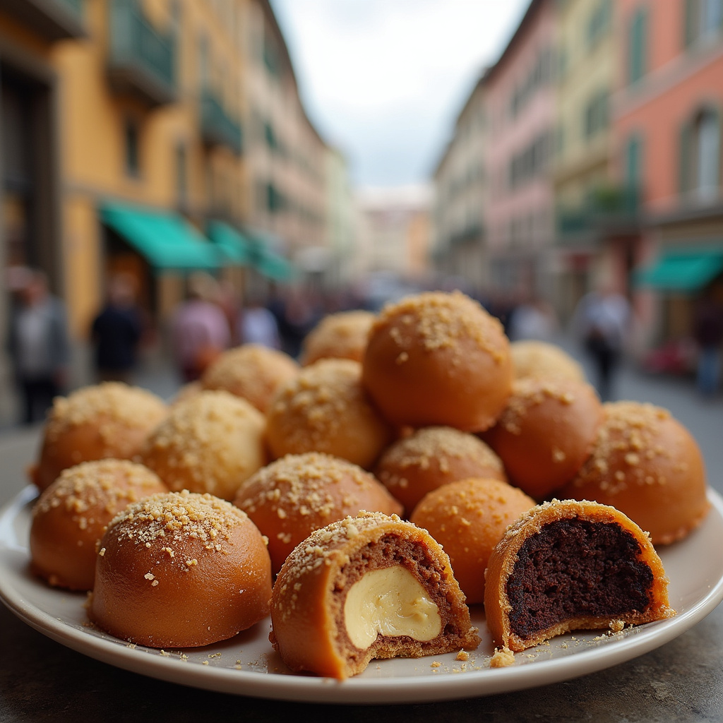 Tradycyjne gianduiotti i inne słodycze Turynu na tle miejskiego krajobrazu