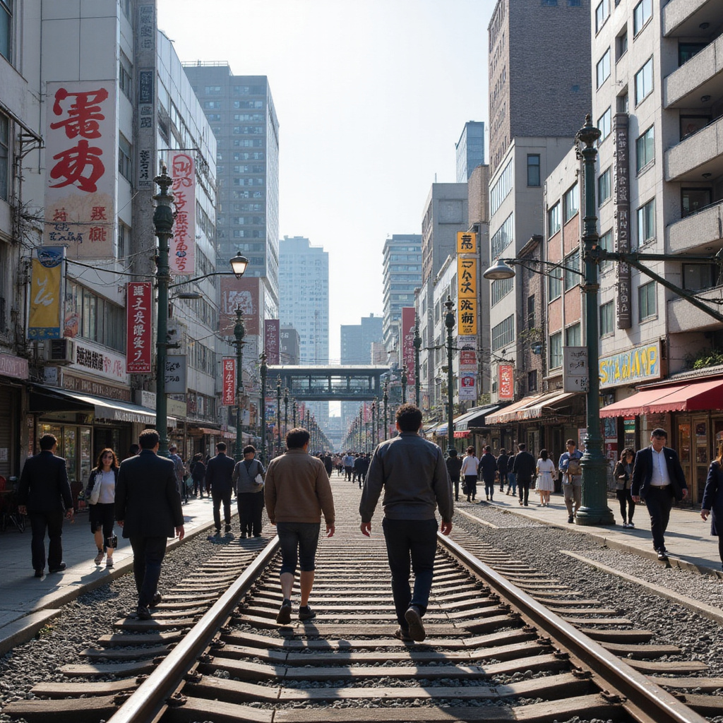 Spacerujący ludzie na tle starych torów kolejowych i nowoczesnych budynków w Yokohamie
