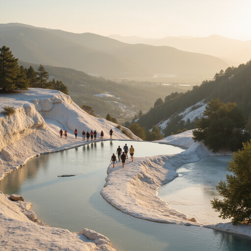 Turyści spacerujący po trawertynach Pamukkale z widokiem na dolinę