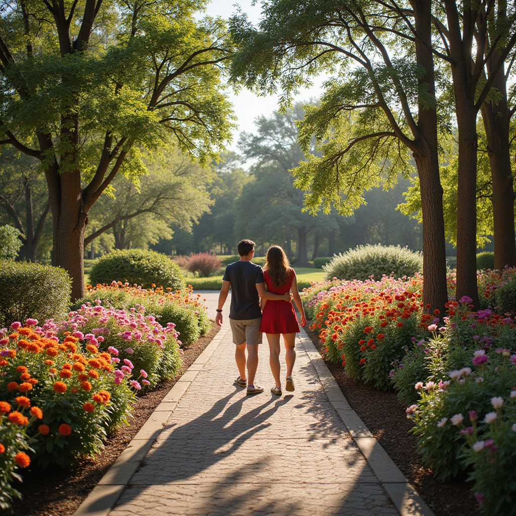 Spacer wśród kwiatów w ogrodzie w Orlando, urokliwa ścieżka dla zakochanych