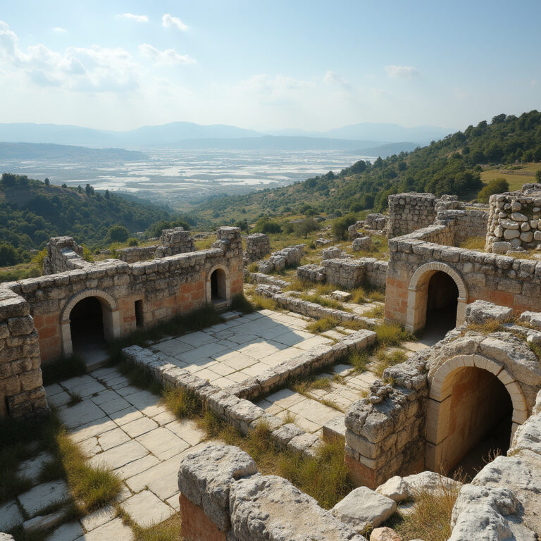 Nekropolia Hierapolis – widok na starożytne grobowce i białe tarasy Pamukkale w tle