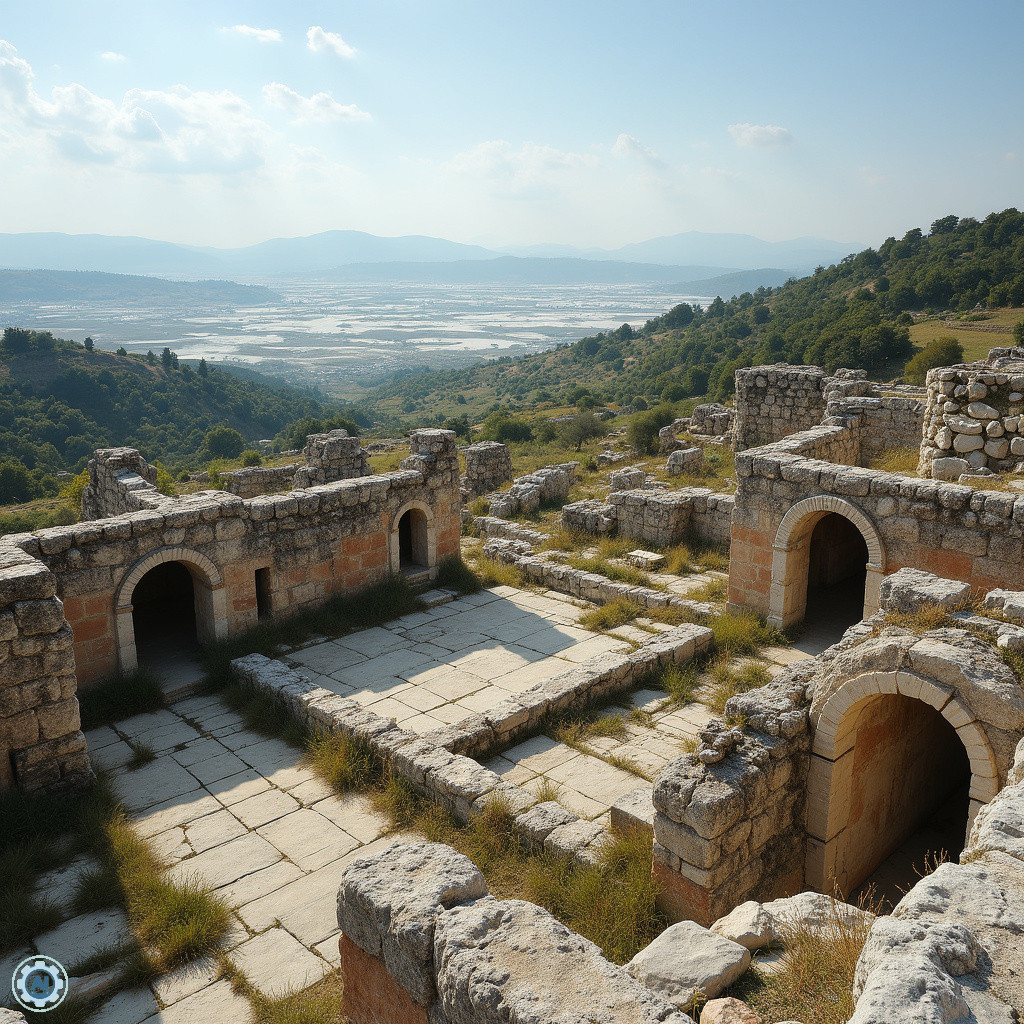 Nekropolia Hierapolis – widok na starożytne grobowce i białe tarasy Pamukkale w tle