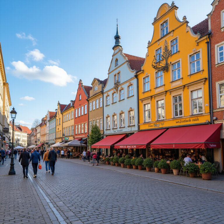Ulica na Starym Rynku w Poznaniu z kolorowymi kamienicami i restauracjami w tle