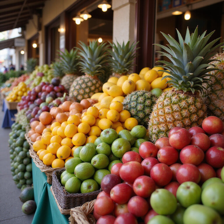 Kolorowe stoiska z owocami tropikalnymi na Mercado dos Lavradores w Funchal