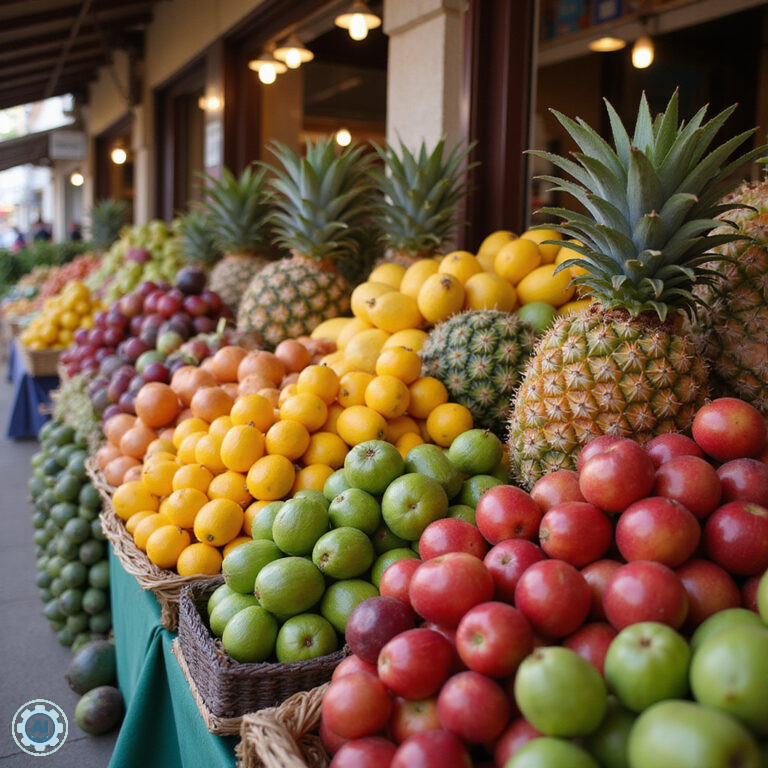 Kolorowe stoiska z owocami tropikalnymi na Mercado dos Lavradores w Funchal
