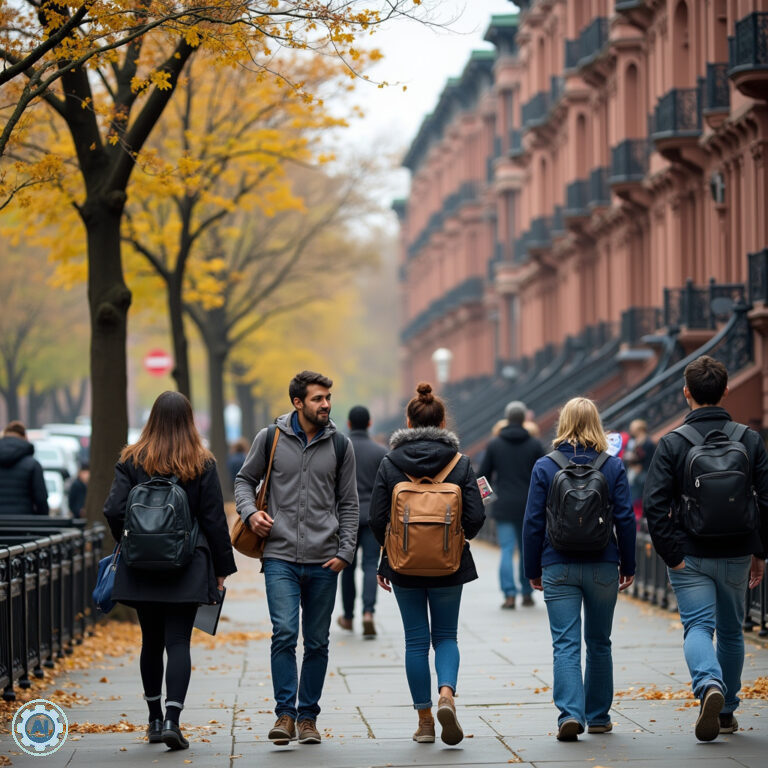 Studenci spacerujący ulicą w Nowym Jorku w pobliżu Columbia University, edukacja w NYC