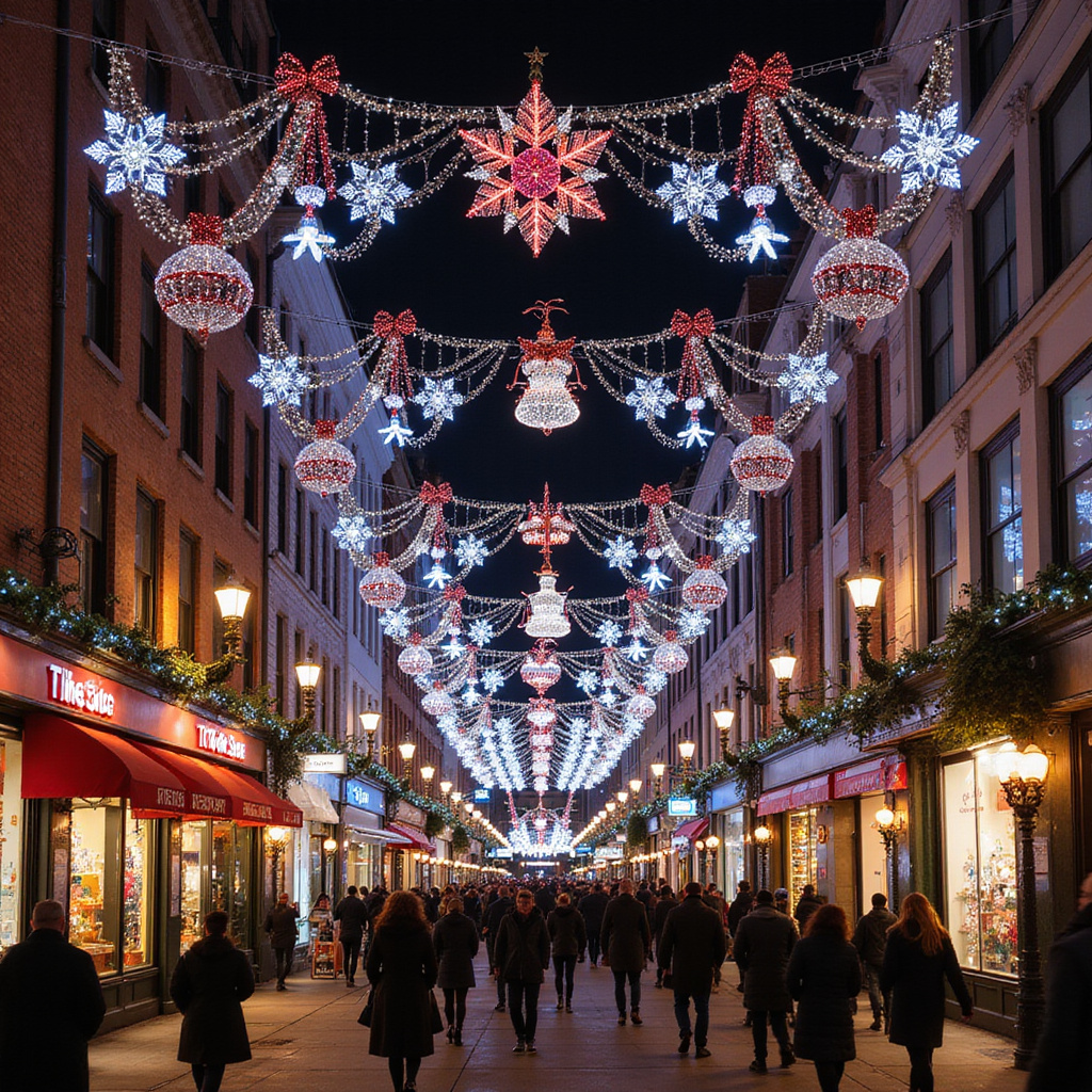 Ulica w Nowym Jorku ozdobiona świątecznymi dekoracjami i światłami, magia świąt w Nowym Jorku