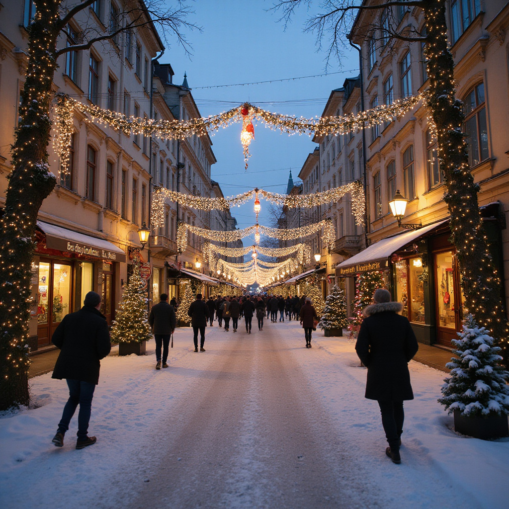 Zimowy klimat w Zagrzebiu - świąteczne dekoracje i ludzie spacerujący