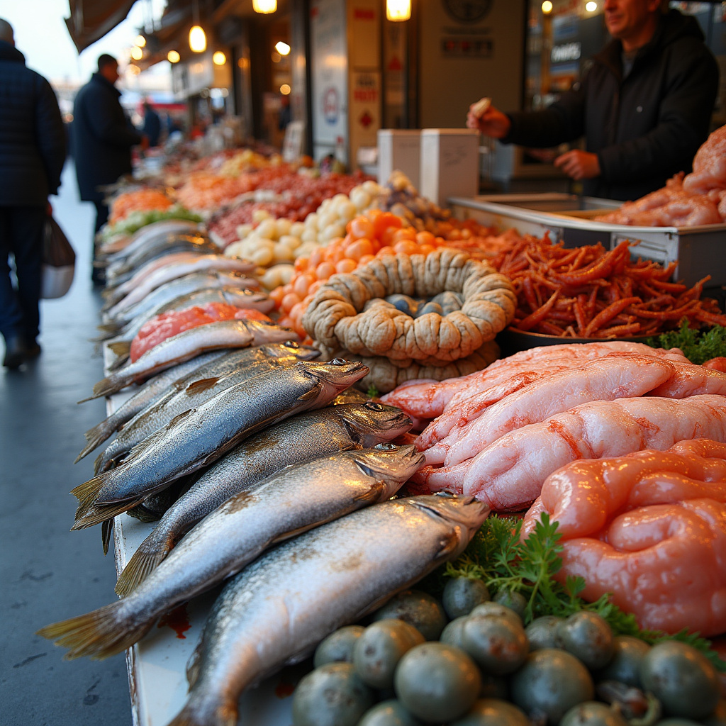 Świeże ryby i owoce morza na targu w Pireusie, targ rybny w Pireusie, lokalne przysmaki