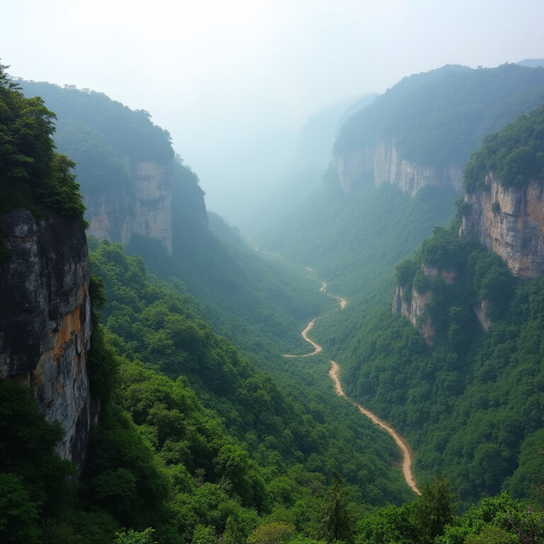Widok na szlak trekkingowy Fansipan wśród mglistych lasów i skalistych zboczy
