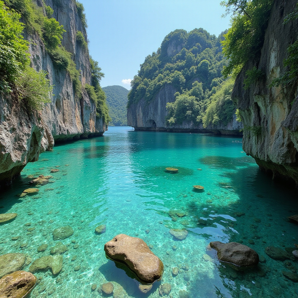Szmaragdowa laguna w Tajlandii otoczona wysokimi klifami, idealna do snorkelingu i relaksu