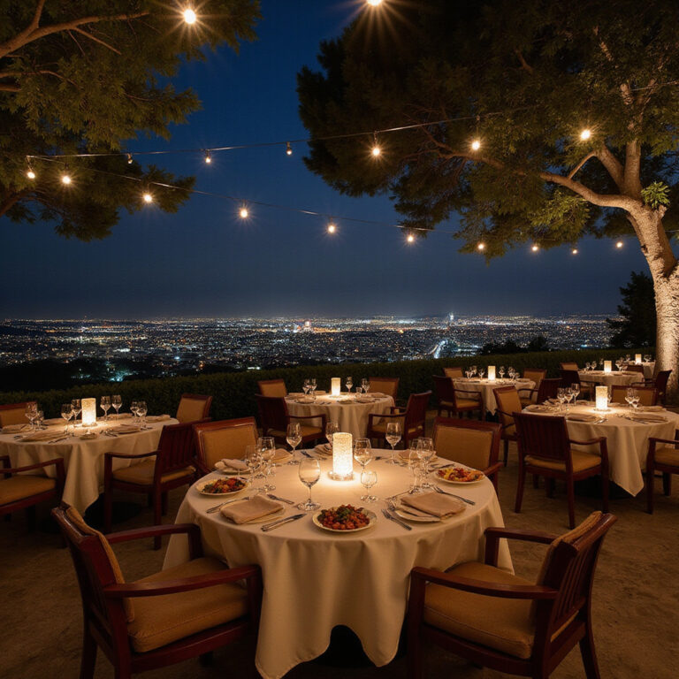 Taras restauracji z widokiem na oświetloną wieczorem Nikozję, lokalne dania i eleganckie oświetlenie