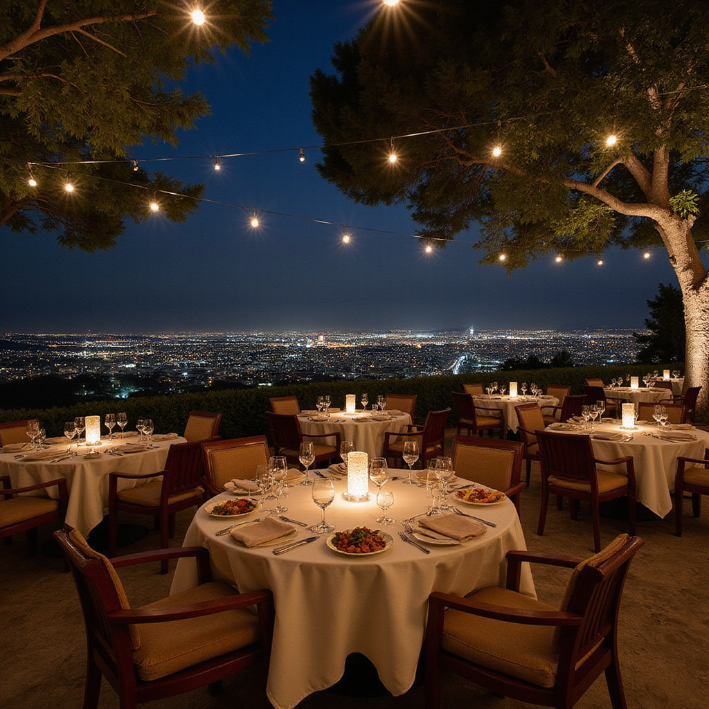 Taras restauracji z widokiem na oświetloną wieczorem Nikozję, lokalne dania i eleganckie oświetlenie