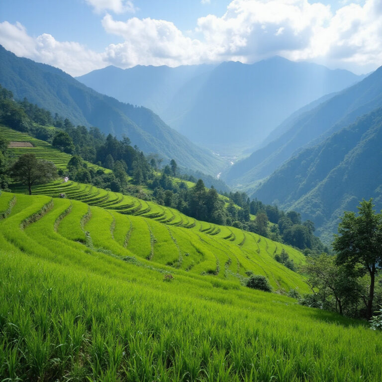 Tarasowe pola ryżowe w Sapa otoczone górami, idealne na trekking