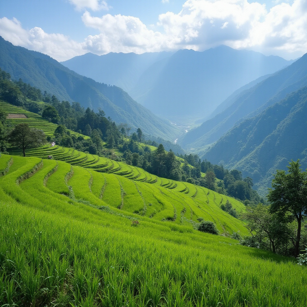 Tarasowe pola ryżowe w Sapa otoczone górami, idealne na trekking