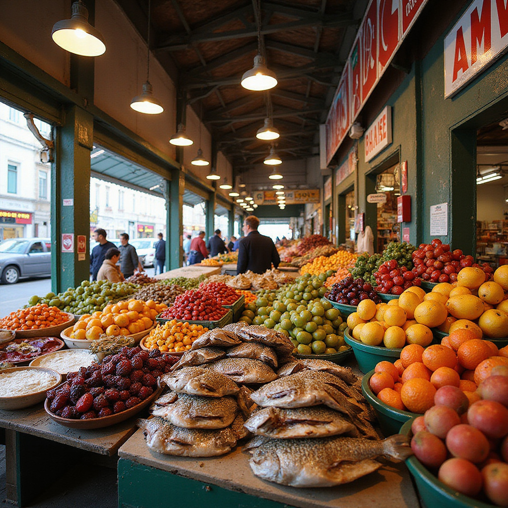 Targ Mercado dos Lavradores z kolorowymi straganami owoców i ryb, idealne miejsce na kulinarne odkrycia