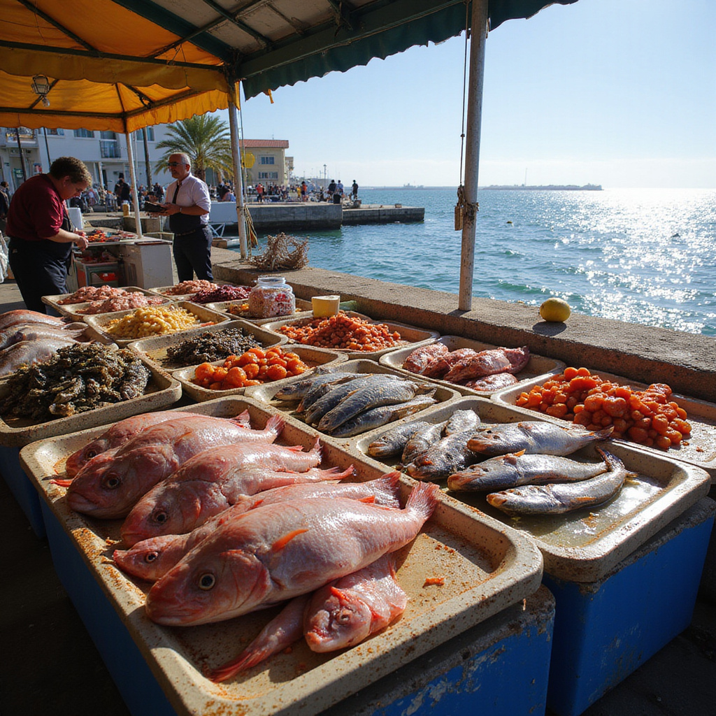 Świeże owoce morza na targu w Limassol, w tle widoczne morze