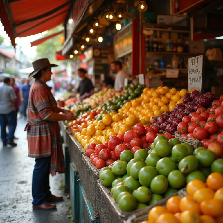 Targ Mercado dos Lavradores w Funchal z owocami tropikalnymi Madery, kolorowe stragany i lokalni sprzedawcy