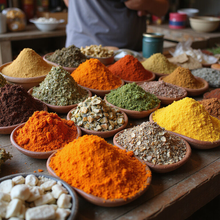 Targ przypraw w Mombasie z kolorowymi stoiskami i świeżymi przyprawami Kenii