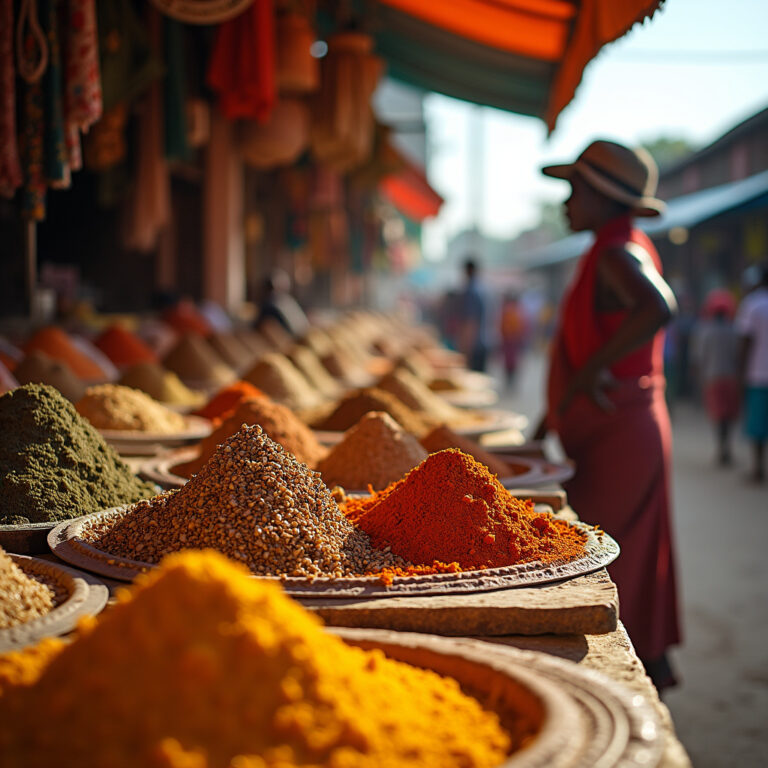 Targ przypraw w Mombasie z widokiem na stragany z aromatycznymi przyprawami