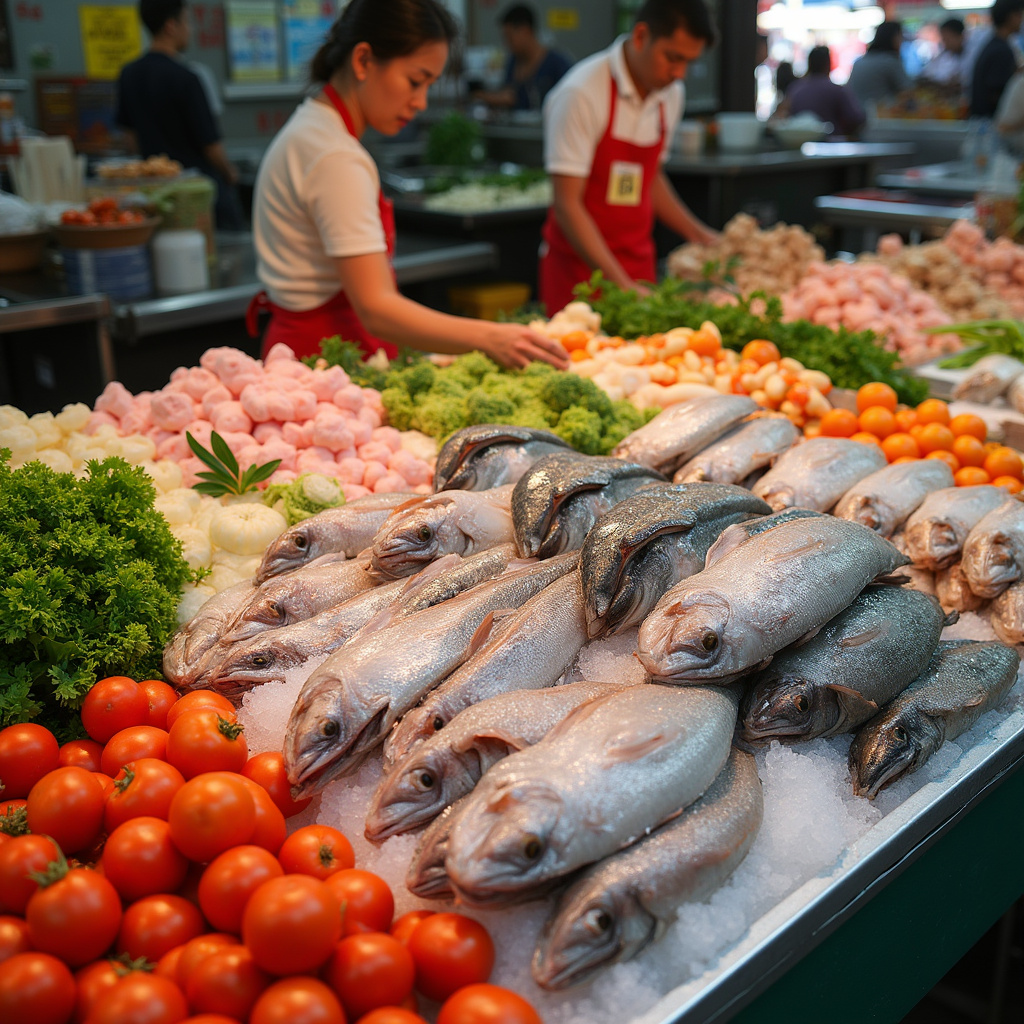 Targ rybny w Tajlandii z różnorodnymi owocami morza na lodzie