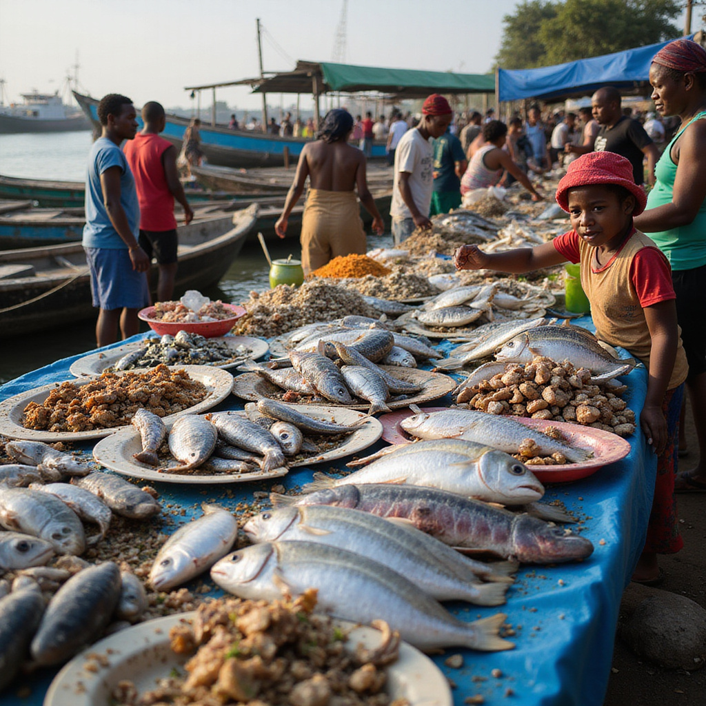 Targ rybny w Watamu z lokalnymi mieszkańcami i świeżymi owocami morza