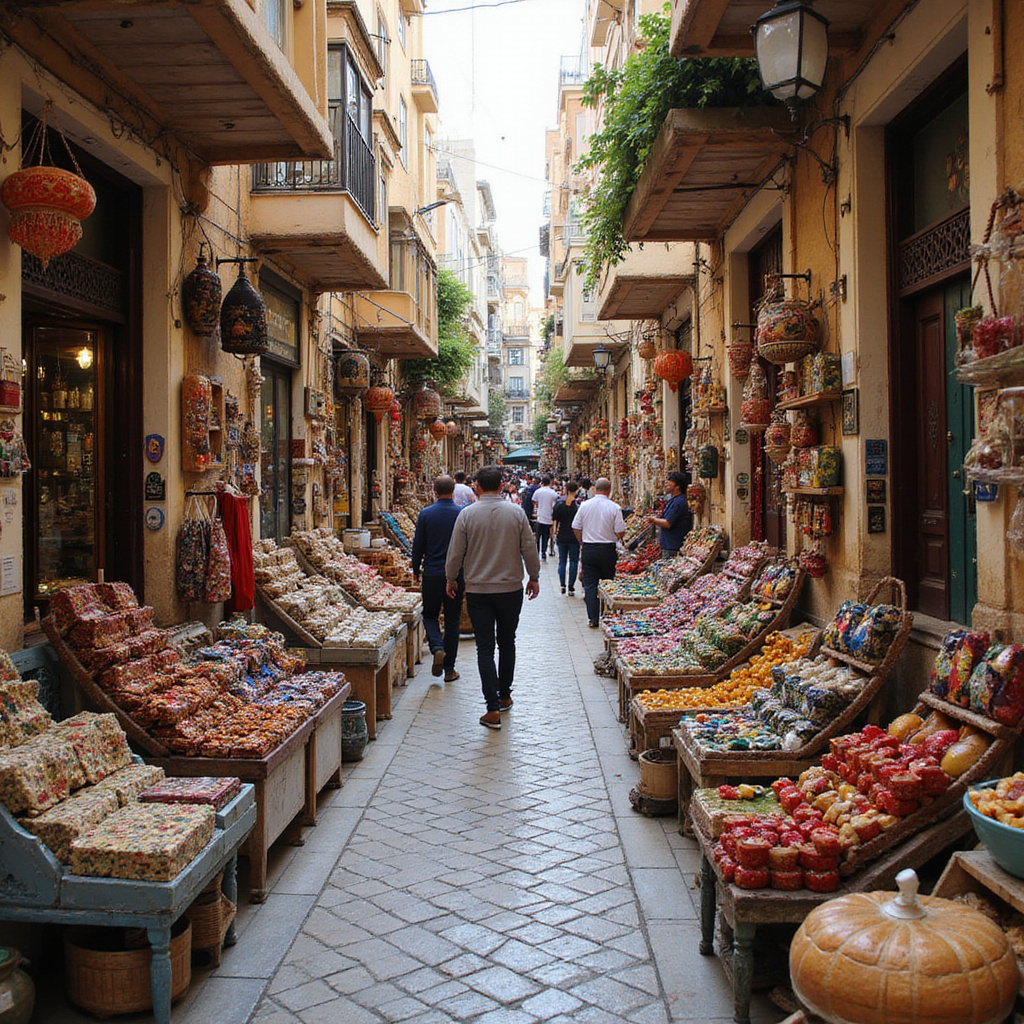 Tunezyjska medyna w Monastyrze z kolorowymi straganami i lokalnymi produktami