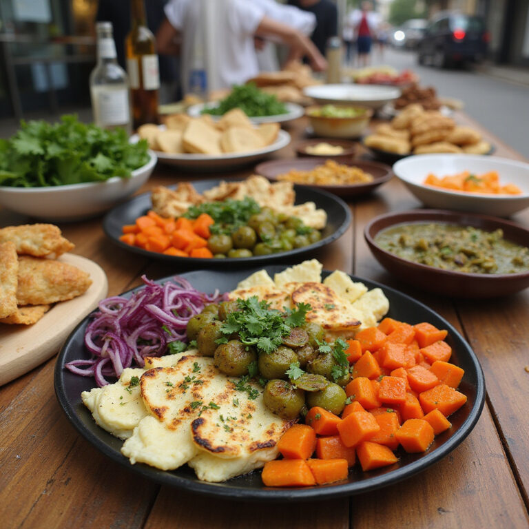 Tradycyjne wegetariańskie meze na targu w Nikozji, świeże warzywa i ser halloumi