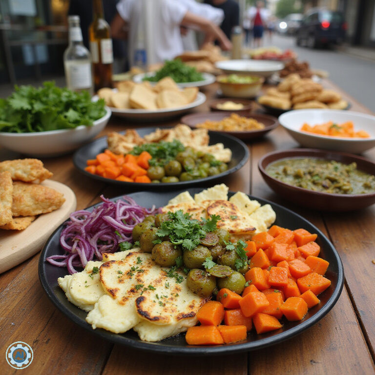 Tradycyjne wegetariańskie meze na targu w Nikozji, świeże warzywa i ser halloumi