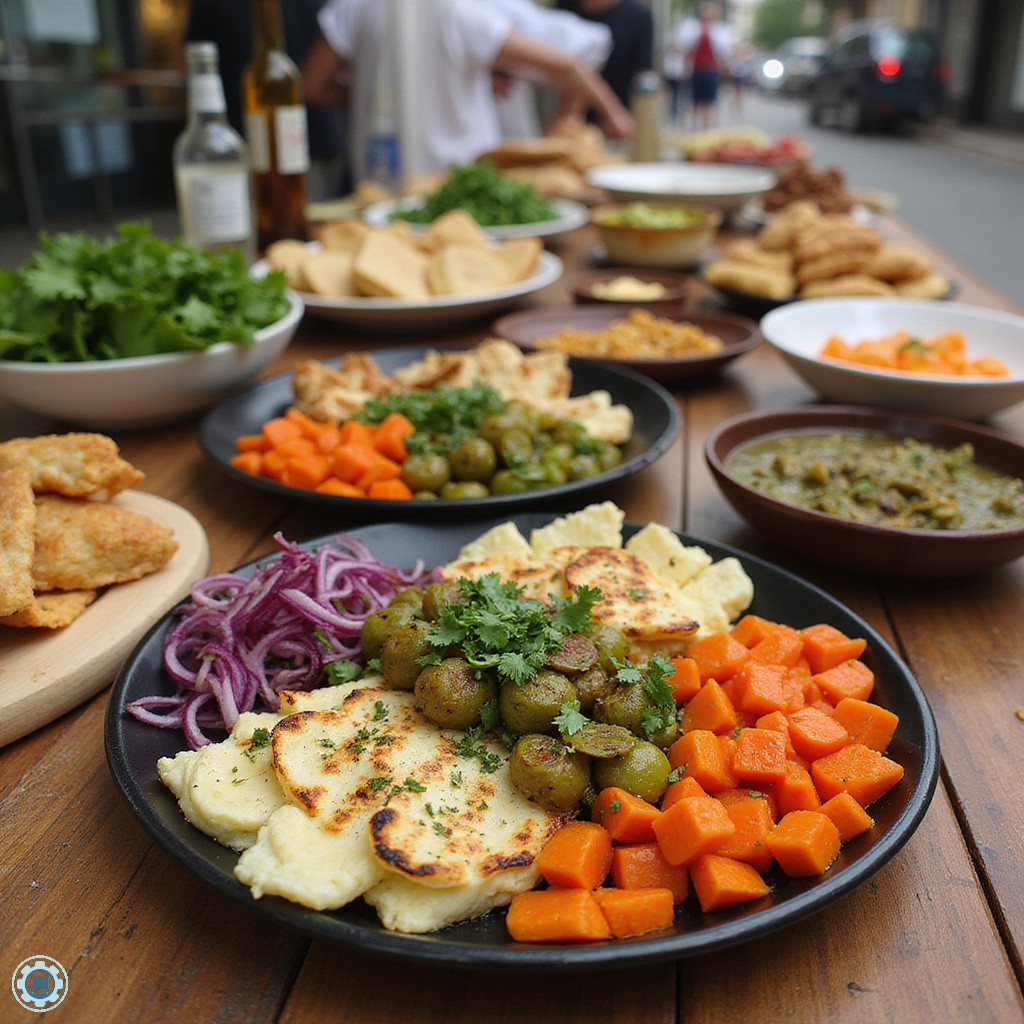 Tradycyjne wegetariańskie meze na targu w Nikozji, świeże warzywa i ser halloumi