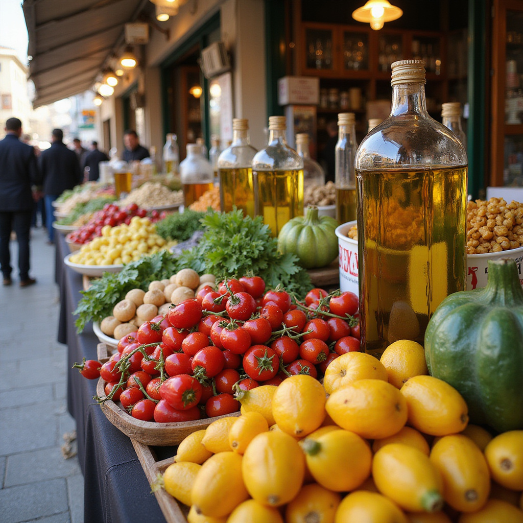 Targ w Patras z lokalnymi produktami, w tym oliwą z oliwek i świeżymi warzywami