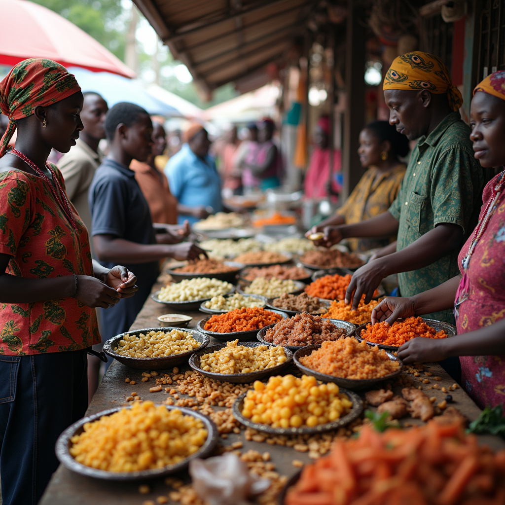 Targowisko w Nairobi z tradycyjnym jedzeniem i żywą atmosferą